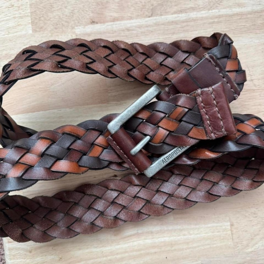 Aeropostale Brown Braided Belt Silver Buckle Genuine Leather Y2K